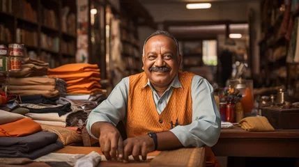 Fotobehang Happy Indian cloth merchant or clothing store owner sitting in shop looking at camera © sirisakboakaew