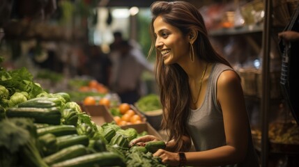 Indian young woman shopping in vegetable shop, cheerful expressions