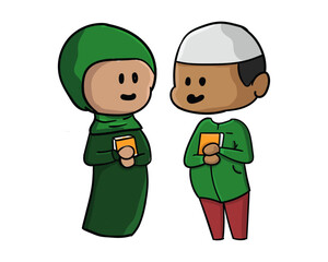 Hand drawn cartoon student muslim child couple holding quran
