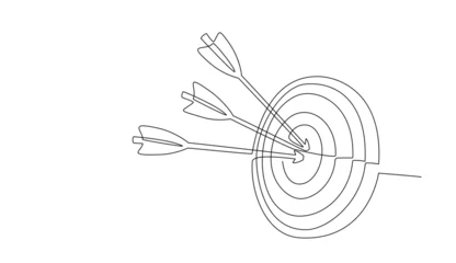 Tuinposter Een lijn Continuous line drawing of Target with arrows. Single line illustration of goal circle with three arrows in center, shot bullseye. Business strategy concept. Arrow in target pad. Vector illustration