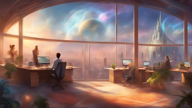 A team of professionals in the office of tomorrow, with panoramic view of  futuristic landscape. Generative AI