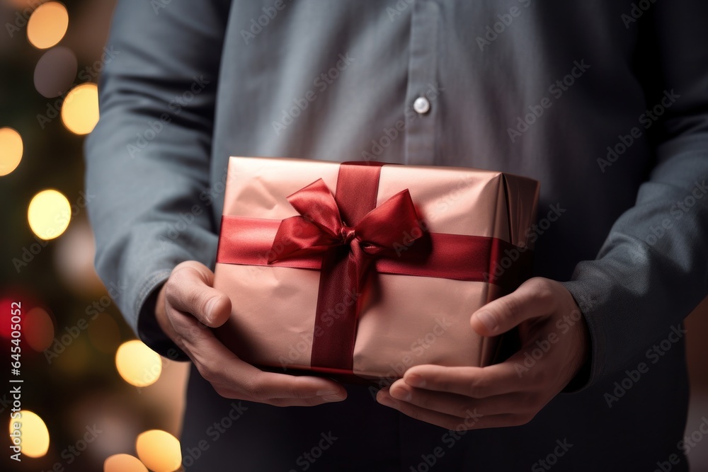 Poster Man with a gift box with a red bow for the New Year.