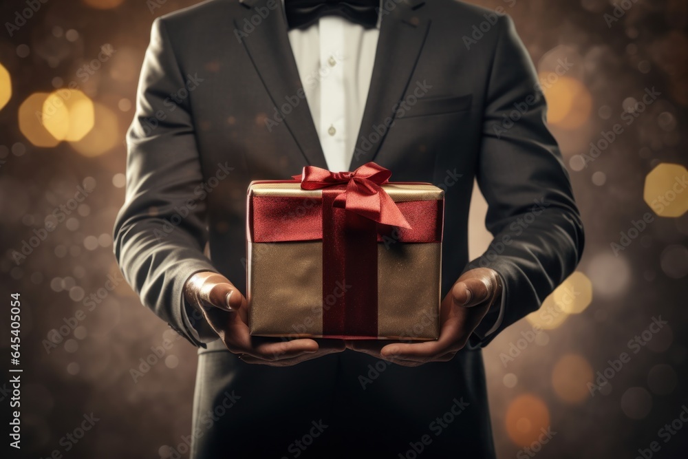 Aufkleber man with a gift box with a red bow for the new year.