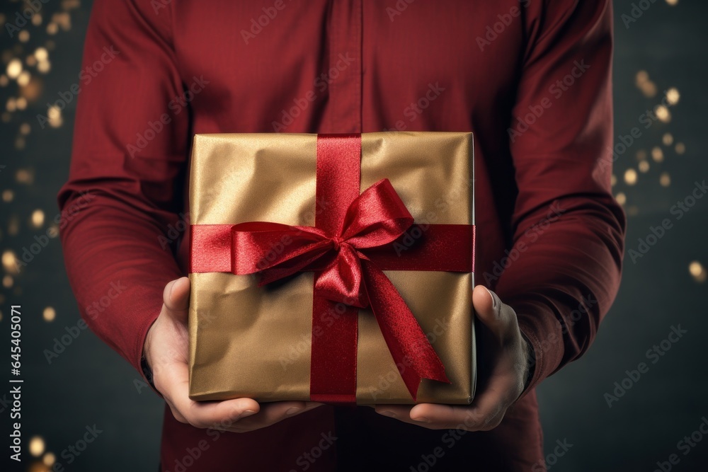 Poster Man with a gift box with a red bow for the New Year.