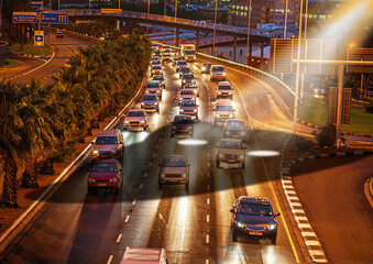 Ufo, spaceship light and traffic in city at night for alien mission, science fiction and fantasy in...