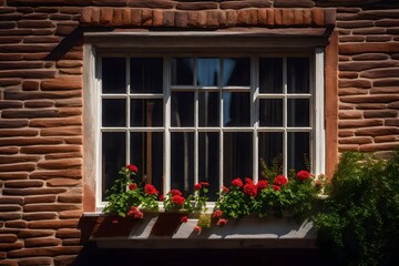 a classic wooden window frame, complete with mullions, and a flower box positioned in front of it - AI Generative
