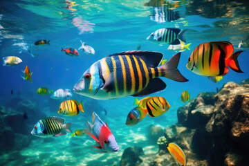 Naklejka na ściany i meble Colorful trigger fish swimming in the water