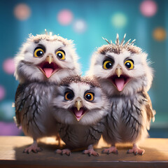 three beautiful little colorful cheerful owls