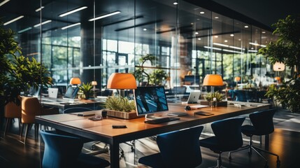 Blurred interior of a modern office workplace coworking space design with ornate partitions
