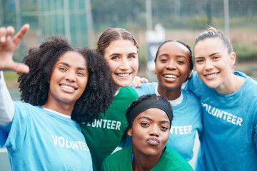 Volunteer, woman and portrait for charity and community support on netball field with diversity and smile. Happiness, people and teamwork for ngo project, solidarity and mission outdoor in nature - obrazy, fototapety, plakaty