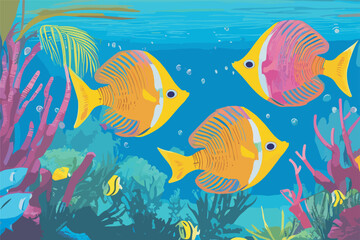 Vector tropical fish, algae, corals
and sea anemones on the seabed. 
The underwater world of the coral reef.
Aquarium.