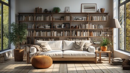 Bright living room interior with large sofa and bookshelves