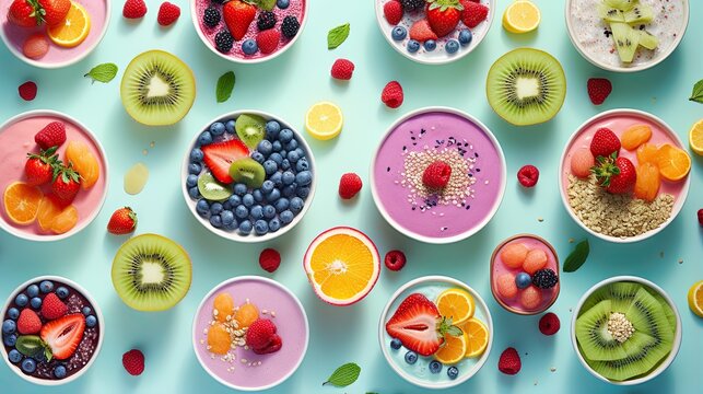  a table topped with bowls of fruit and bowls of cereal.  generative ai