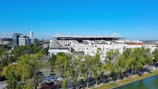 Paris: Aerial view of capital city of France, Saint-Denis commune in northern suburbs of Paris - landscape panorama of Europe from above