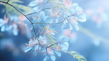  a close up of a blue flower with green leaves on it.  generative ai