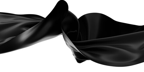 Beautiful flowing fabric flying in the wind. Black color wavy silk or satin. Abstract element for design. 3D rendering image. Image isolated on a transparent  background.
