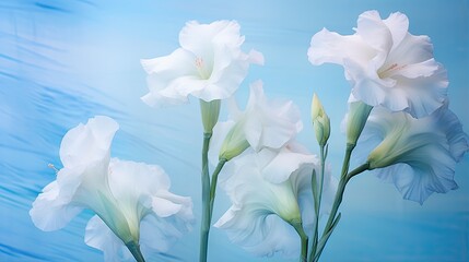  a group of white flowers sitting on top of a blue surface.  generative ai