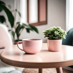 A pink coffee cup next to a flower 