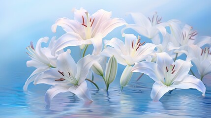  a group of white flowers floating on top of a body of water.  generative ai