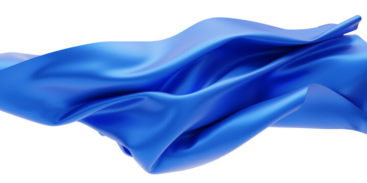 Beautiful flowing fabric flying in the wind. Blue color wavy silk or satin. Abstract element for design. 3D rendering image. Image isolated on a transparent  background.