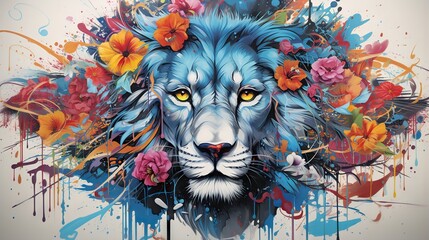  a painting of a lion with flowers on it's head.  generative ai