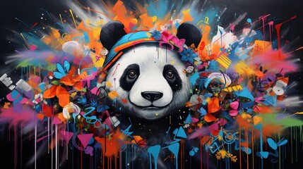  a painting of a panda bear wearing a colorful hat and surrounded by butterflies.  generative ai