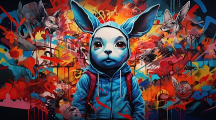  a painting of a rabbit with a hoodie on and a bunch of graffiti on the wall.  generative ai