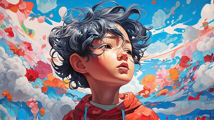  a painting of a young boy with blue hair and a red shirt.  generative ai