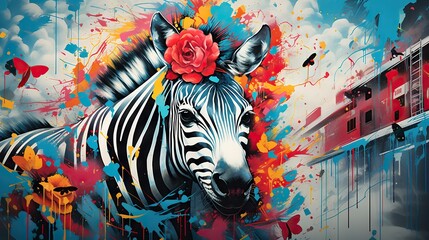  a painting of a zebra with a rose on its head.  generative ai
