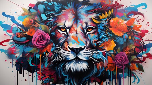  a painting of a lion surrounded by colorful flowers and leaves.  generative ai