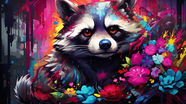  a painting of a raccoon surrounded by colorful flowers.  generative ai