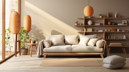 furniture beige with wooden shelving unit and lamp in living room