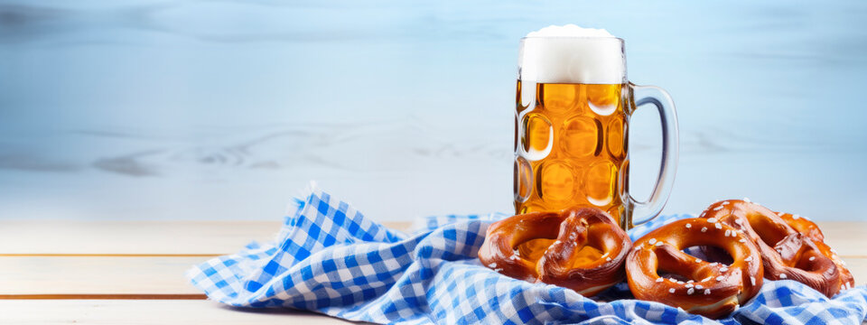 mug of beer and tasty fresh brezels on a wooden table - Oktoberfest background