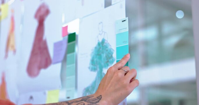 Fashion, design and woman at moodboard for ideas, color swatch and sketch for small business workshop. Job planning, drawing of clothes and inspiration for creative designer brainstorming at mindmap.