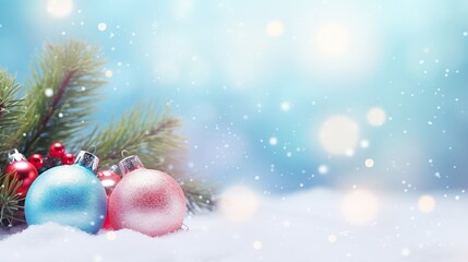 Naklejka na ściany i meble three christmas ornaments in the snow with a pine tree in the background. generative ai