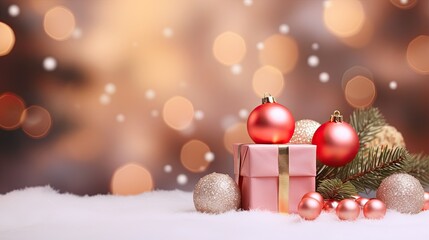 Fototapeta na wymiar a christmas scene with presents and ornaments on a snowy surface. generative ai