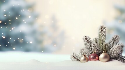 Naklejka na ściany i meble a christmas scene with a pine tree and ornaments in the snow. generative ai