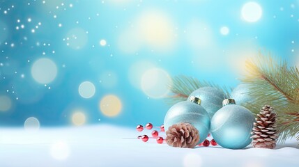 Naklejka na ściany i meble two blue christmas balls and pine cones on a snowy surface. generative ai
