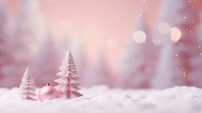 a pink christmas ornament in the snow with trees in the background.  generative ai