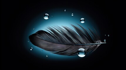  a black feather with drops of water on a black background.  generative ai