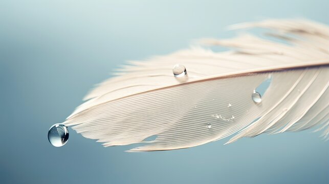 Fototapeta  a white feather with water drops hanging from it's side.  generative ai