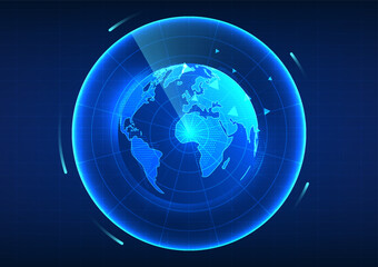 Earth technology. Globe overlaid with radar. Refers to GPS technology that can tell the location of the destination to travel to or the user's location in which corner of the world.