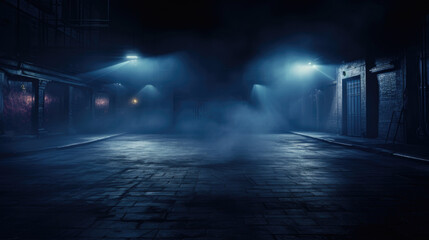 Fototapeta na wymiar Empty street for presentation product. Neon Light, Fog with copy space.