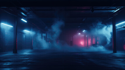 Empty street for presentation product. Neon Light, Fog with copy space.