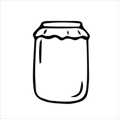 A jar of homemade jam. Vector black-and-white hand-drawn illustration. Isolated object. Clipart, template, sketch, icon, logo. a shadow.