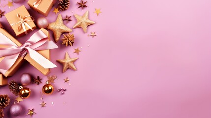  a pink background with gold stars and christmas presents on it.  generative ai