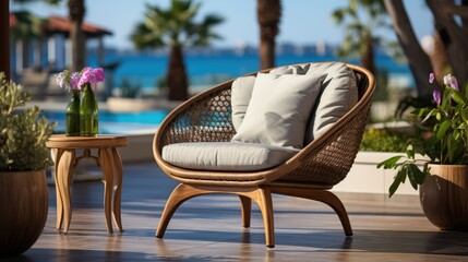 Lounge chair on terrace near swimming pool and garden in beach luxury villa