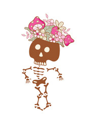skeleton dances with flowers on its head isolated on a white background. Cute happy skull. Human. Flowers. Dance. Vector illustration.