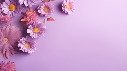 Naklejka na ściany i meble a bunch of pink flowers on a purple background with space for text. generative ai