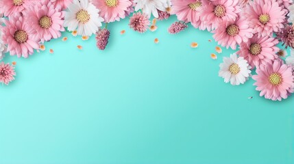 a blue background with pink and white flowers on top of it.  generative ai